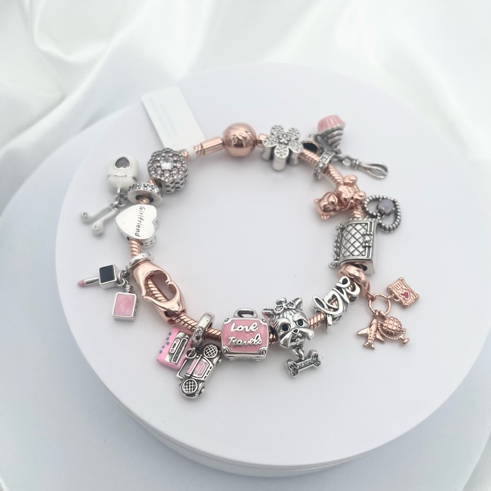 Linx Rose Gold Snake Chain Bracelet with Rose Gold and Pink Girlfriend Charms